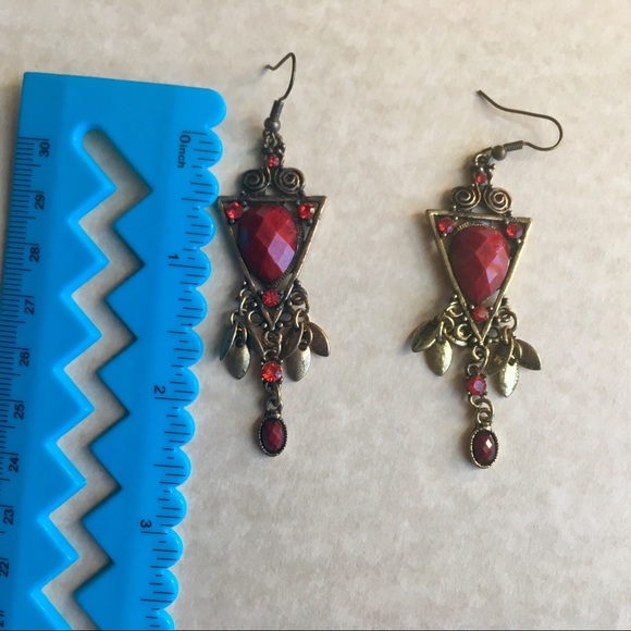 Red Chandelier Rhinestone Earrings Antiqued Long - Picture 4 of 4